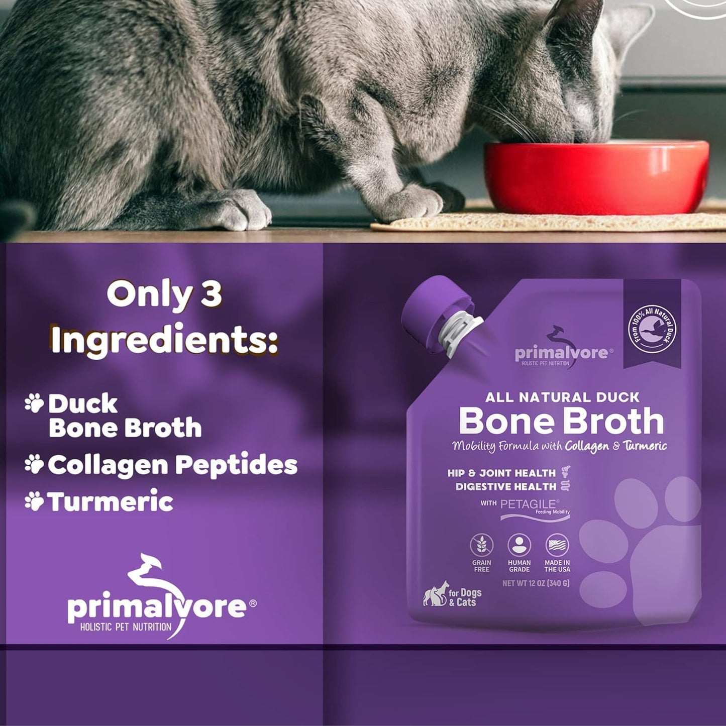 All-Natural Duck Bone Broth for Dogs &Cats, Mobility Formula W/Collagen Peptides Supports Hip & Joints, Digestion, Skin&Coat and Hydration, Grain Free, Human Grade, Made in USA. Duck 2 Pack