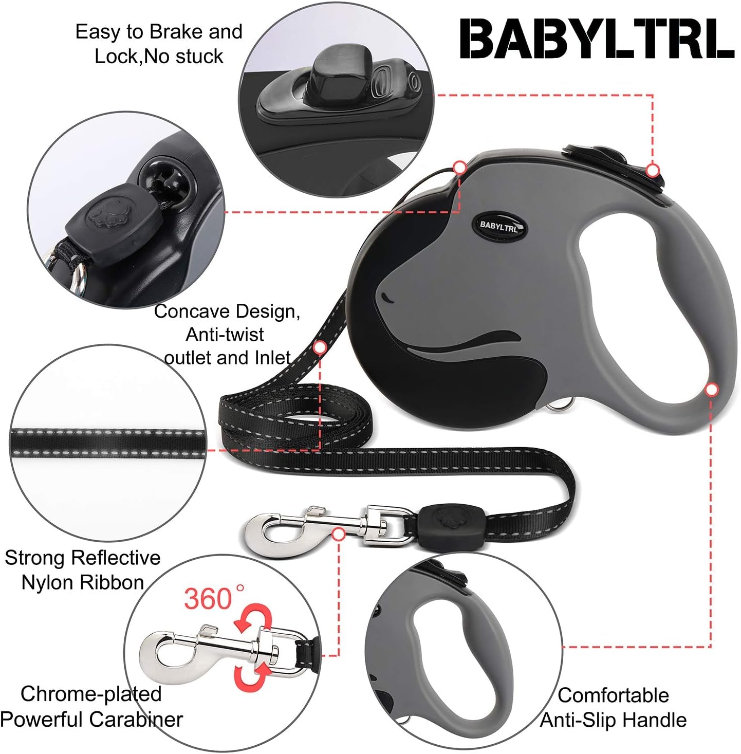 Upgraded Heavy Duty Retractable Dog Leash, 360° Tangle-Free Large Dog Retractable Leash up to 110Lbs, 16Ft Strong Reflective Nylon Tape with Anti-Slip Handle, One-Handed Brake, Pause, Lock