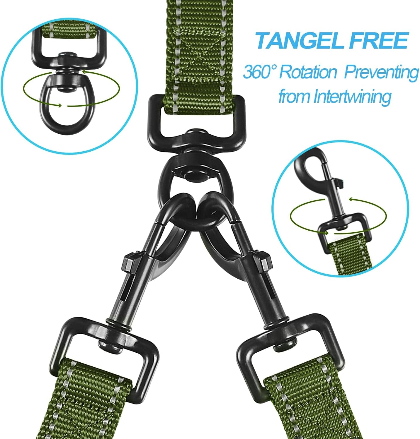 Double Dog Leash, No Tangle Dual Leash, Reflective Walking Training Lead, 4 Comfortable Padded Handles for 2 Dogs with Collapsible Bowl and Waste Bags (Khaki Green, Large)