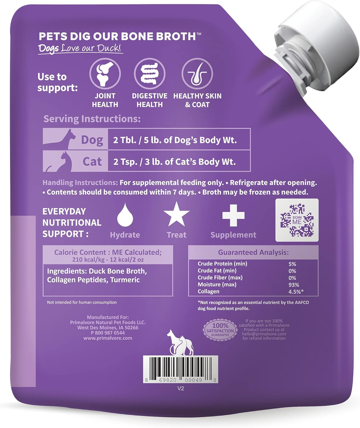 All-Natural Duck Bone Broth for Dogs &Cats, Mobility Formula W/Collagen Peptides Supports Hip & Joints, Digestion, Skin&Coat and Hydration, Grain Free, Human Grade, Made in USA. Duck 2 Pack
