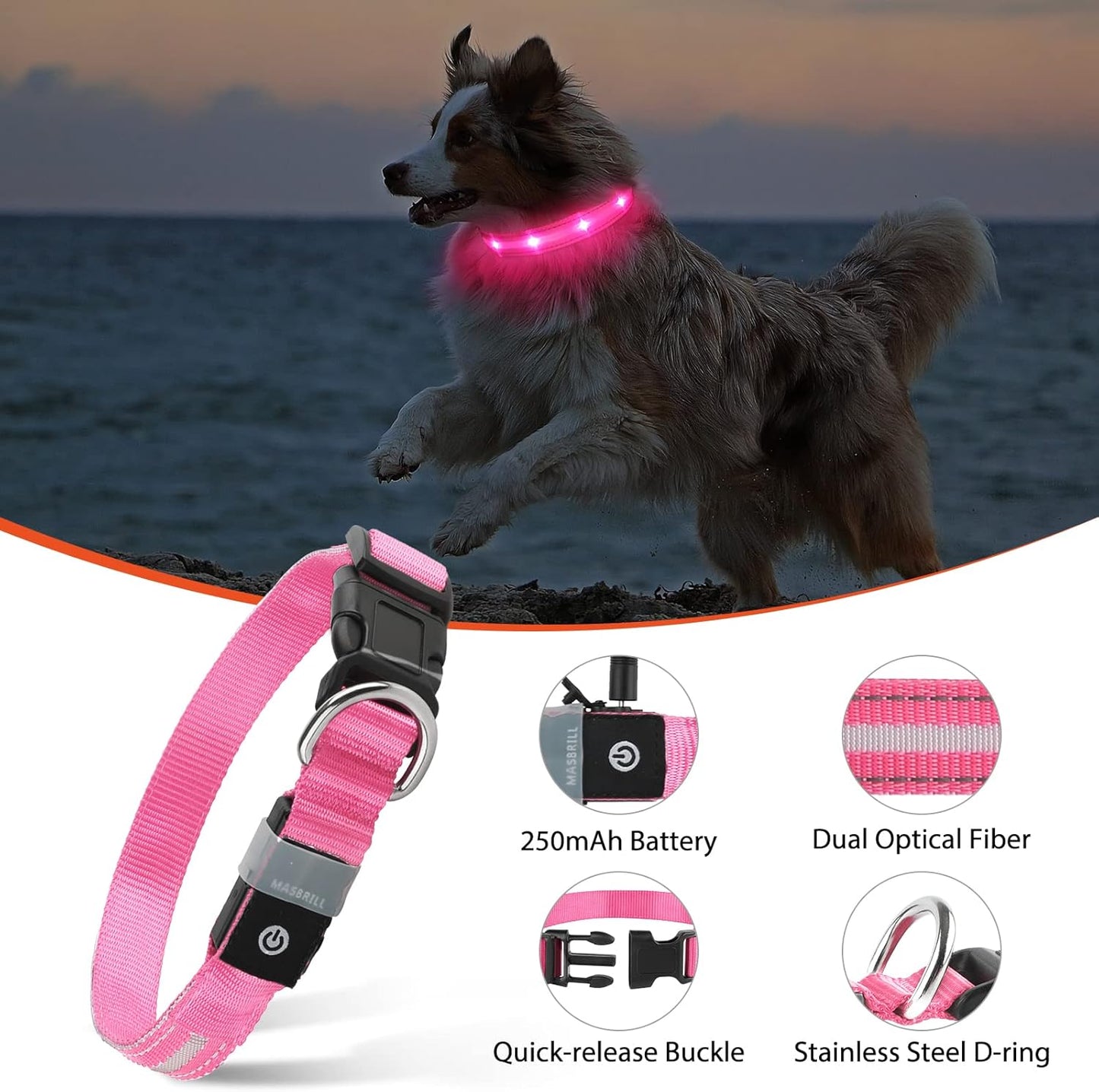 Led Dog Collar - Rechargeable, Water-Resistant, Flashing Glowing Night Safety Collar - Adjustable, Pink (M)