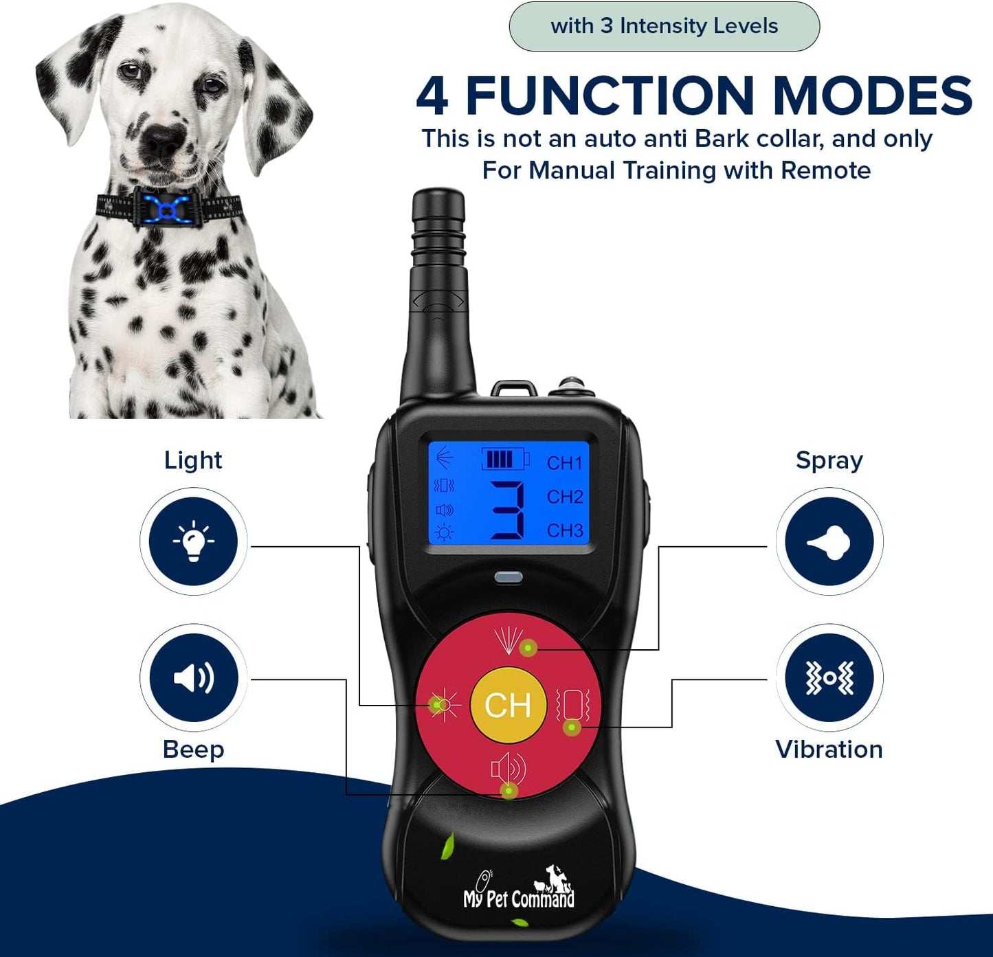 2600 FT Range (0.5 Mile) 4-1 Citronella Dog Training Collar with Remote, Spray,Vibrate,Tone and Night Light Functions Safe, Humane, No Shock Waterproof Rechargeable Add up to 3 Collars
