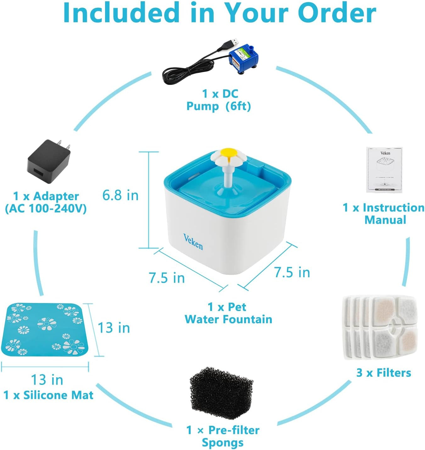 Pet Fountain, 84Oz/2.5L Automatic Cat Water Fountain Dog Water Dispenser with 3 Replacement Filters & 1 Silicone Mat for Cats, Dogs, Multiple Pets, Blue
