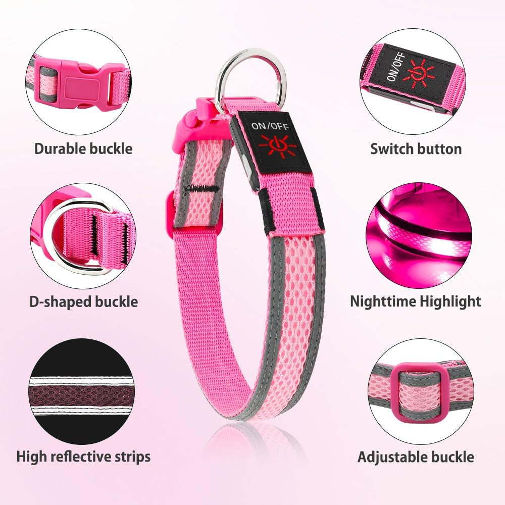 Light up Dog Collar - USB Rechargeable LED Dog Collar Glow in the Dark, High Visibility Glow Collar Light for Nighttime Walking (Medium, Light Pink)