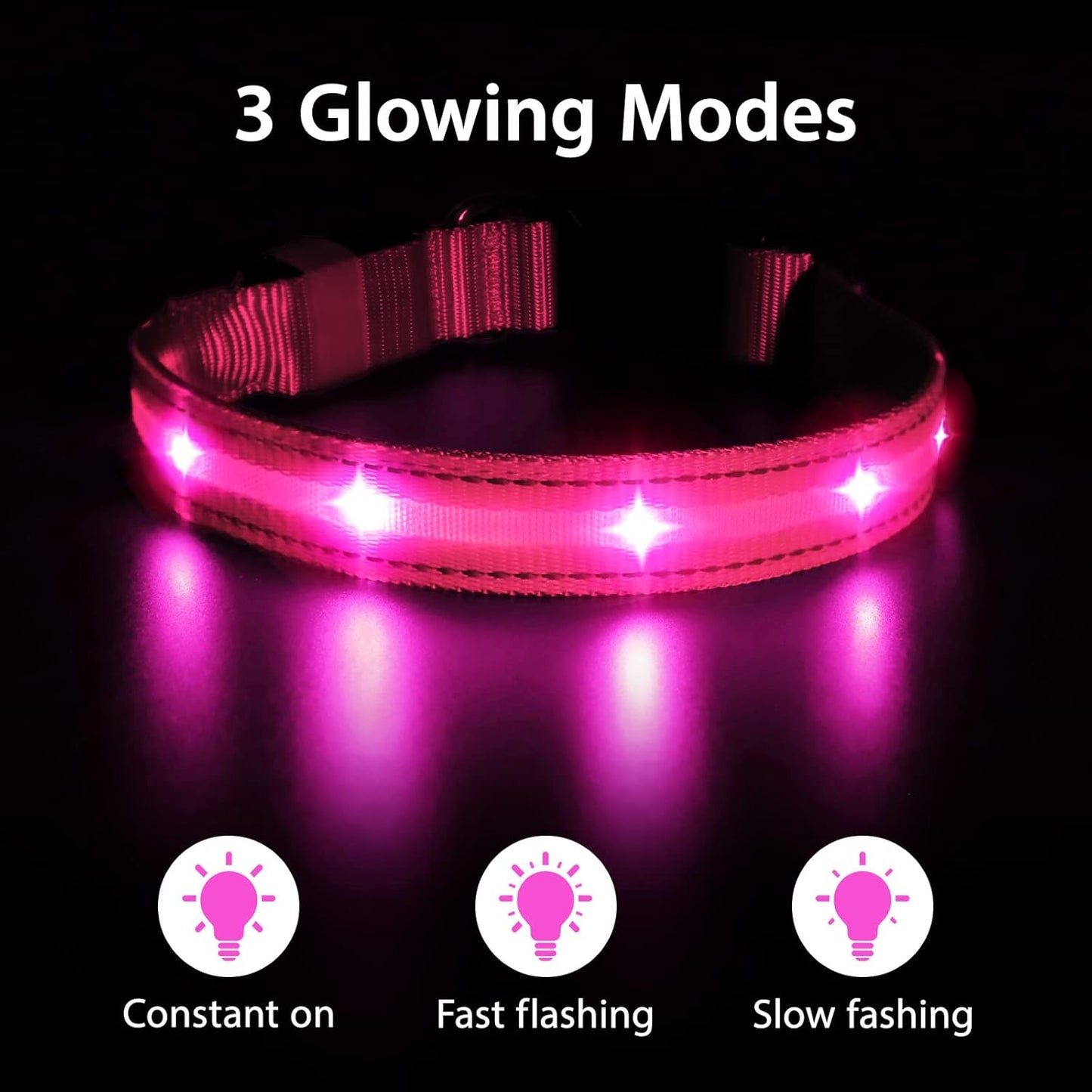 Led Dog Collar - Rechargeable, Water-Resistant, Flashing Glowing Night Safety Collar - Adjustable, Pink (M)