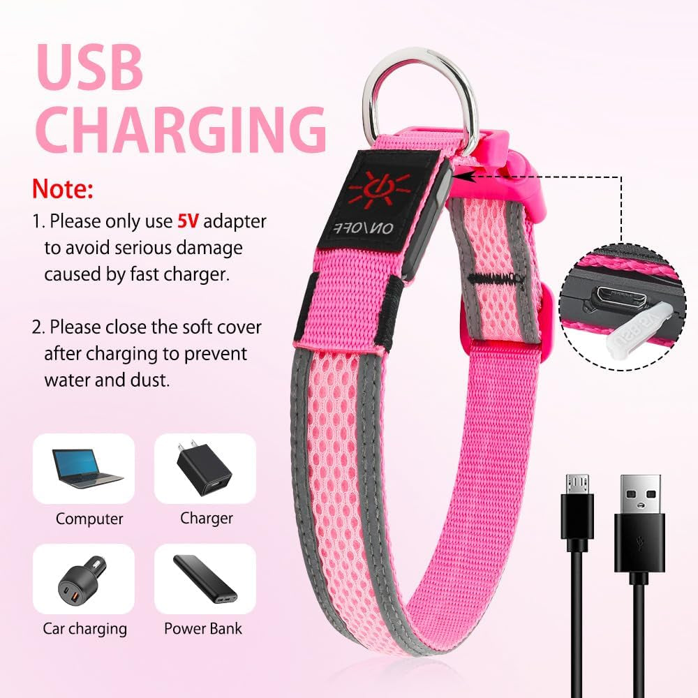 Light up Dog Collar - USB Rechargeable LED Dog Collar Glow in the Dark, High Visibility Glow Collar Light for Nighttime Walking (Medium, Light Pink)