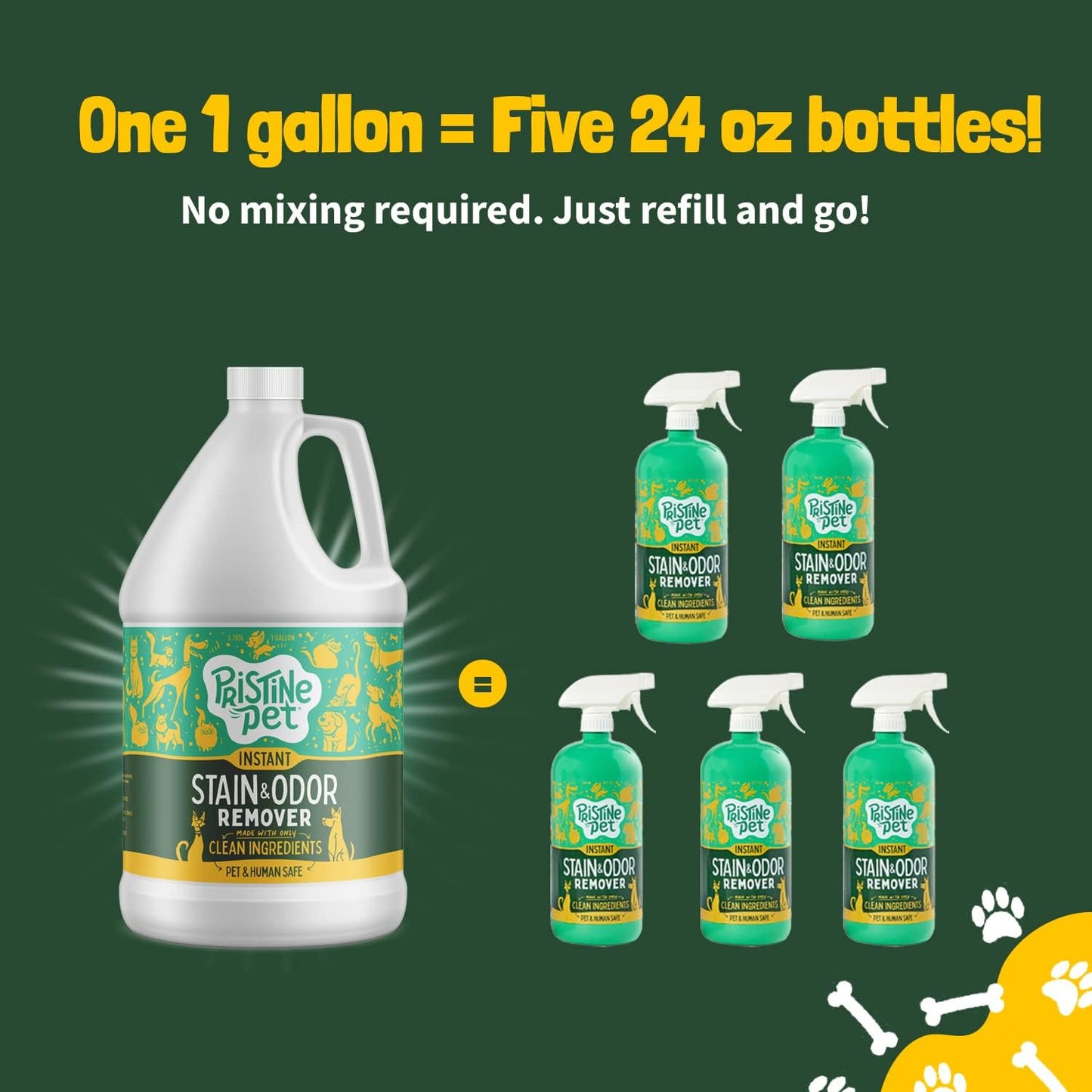 Instant Stain & Odor Eliminator with Micellar Water & OXY - 128 Ounce (1 Gallon), Fast Acting Carpet Cleaner for Pets, Pet Stain and Odor Remover, Prevents Dogs from Urine Marking