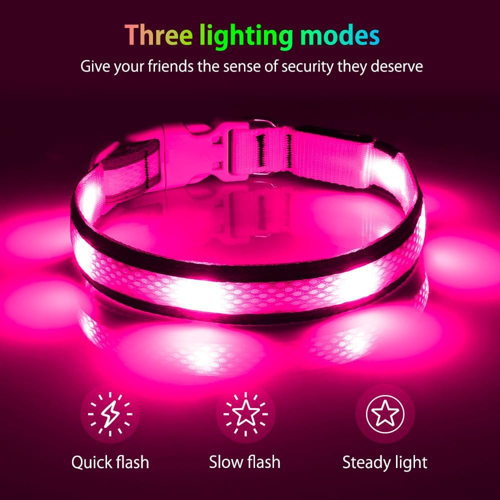 Light up Dog Collar - USB Rechargeable LED Dog Collar Glow in the Dark, High Visibility Glow Collar Light for Nighttime Walking (Medium, Light Pink)