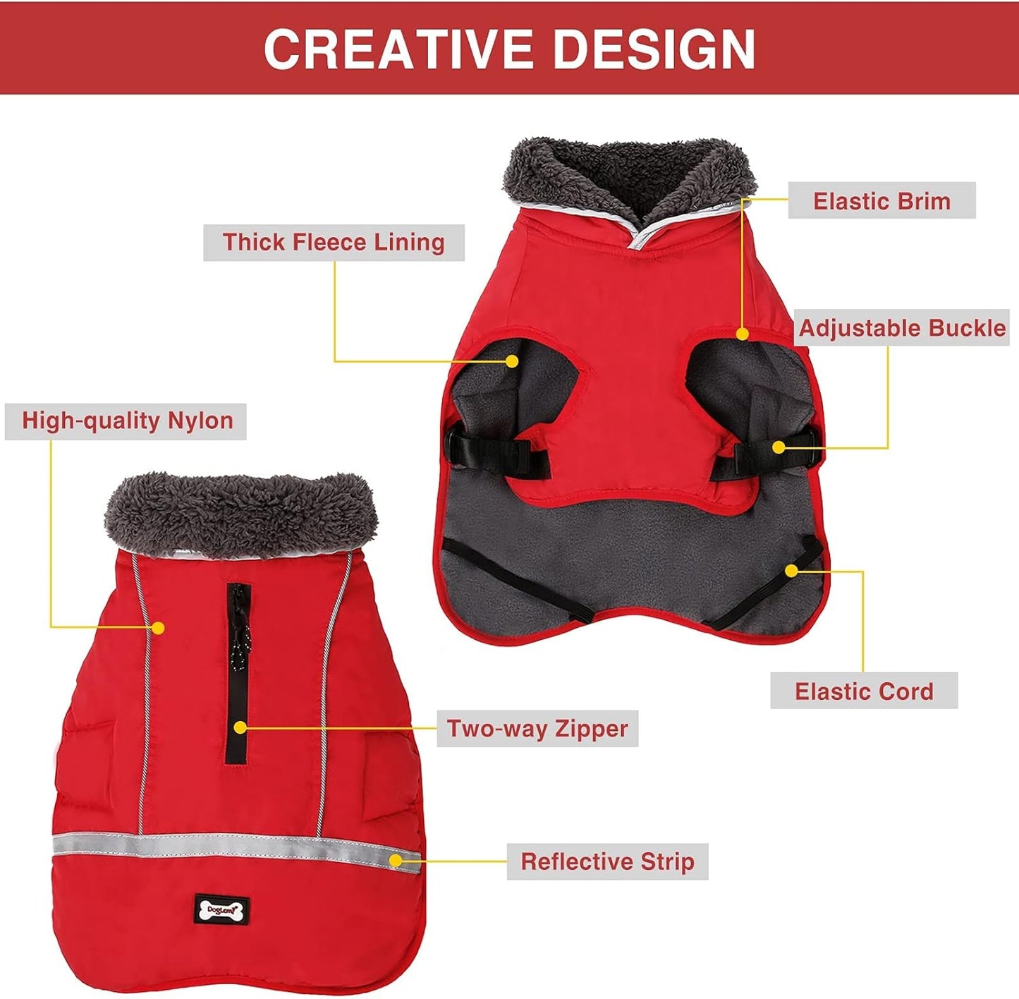 Warm Dog Clothes for Small Dogs, Adjustable Cold Weather Dog Coats, Safety Dog Jackets with Reflective Strips and Two-Way Zipper Red S