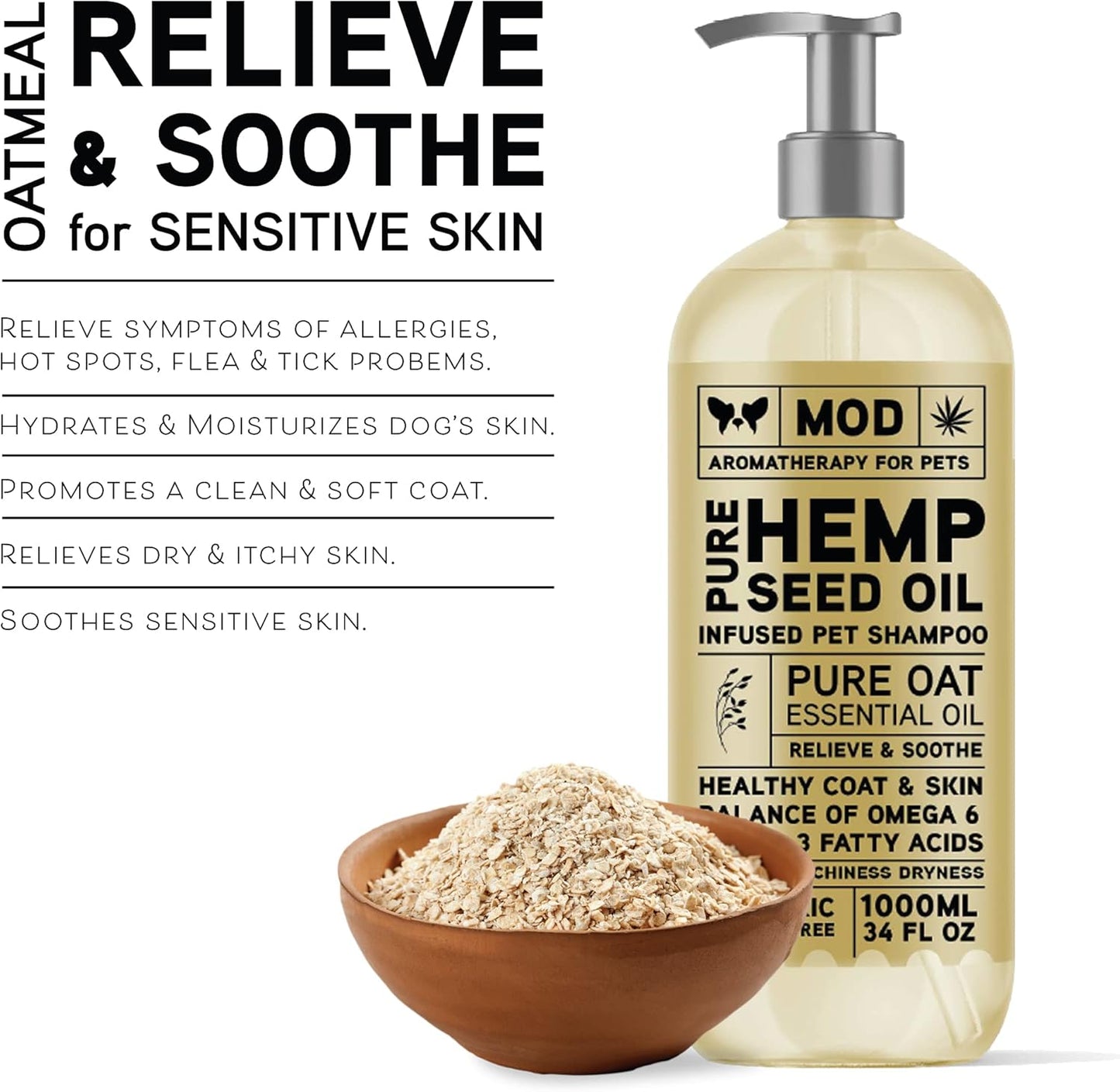 Hemp & Oatmeal Pet Shampoo for Dogs | All Natural Pure Essential Oils | Balance of Omega 6 & Omega 3 Fatty Acids | for Deodorizing, Allergies, Itching, Dry and Sensitive Skin - 34 OZ Pump Bottle
