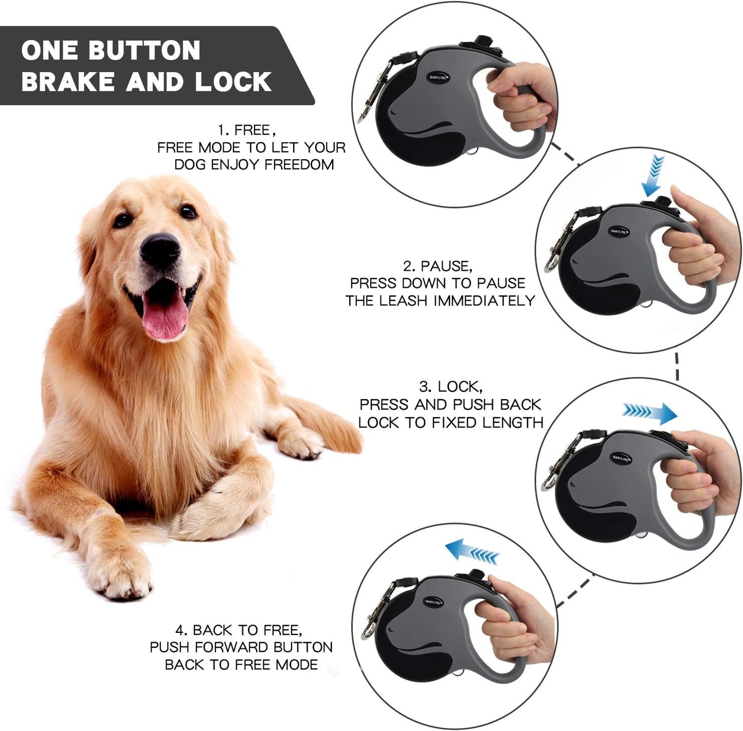 Upgraded Heavy Duty Retractable Dog Leash, 360° Tangle-Free Large Dog Retractable Leash up to 110Lbs, 16Ft Strong Reflective Nylon Tape with Anti-Slip Handle, One-Handed Brake, Pause, Lock