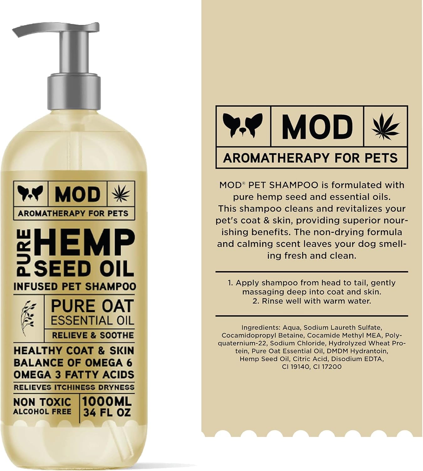 Hemp & Oatmeal Pet Shampoo for Dogs | All Natural Pure Essential Oils | Balance of Omega 6 & Omega 3 Fatty Acids | for Deodorizing, Allergies, Itching, Dry and Sensitive Skin - 34 OZ Pump Bottle