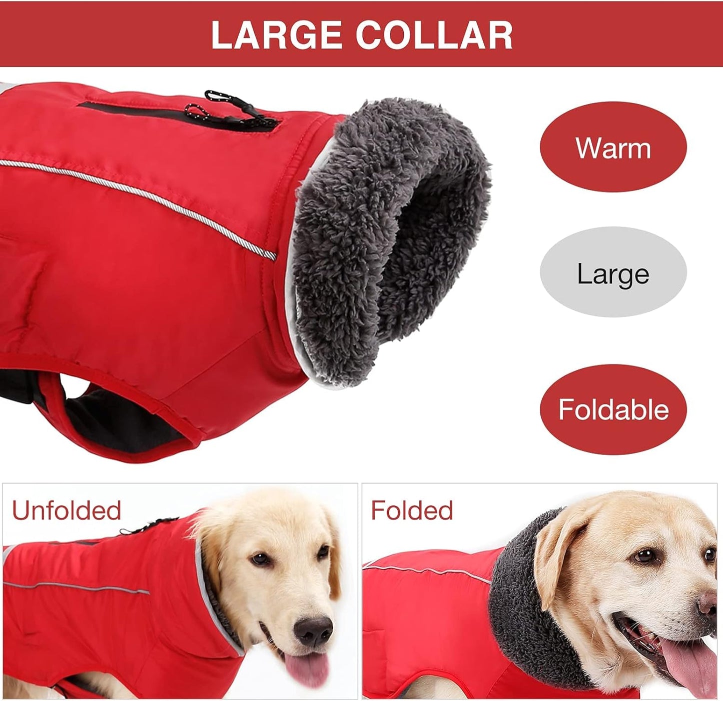 Warm Dog Clothes for Small Dogs, Adjustable Cold Weather Dog Coats, Safety Dog Jackets with Reflective Strips and Two-Way Zipper Red S