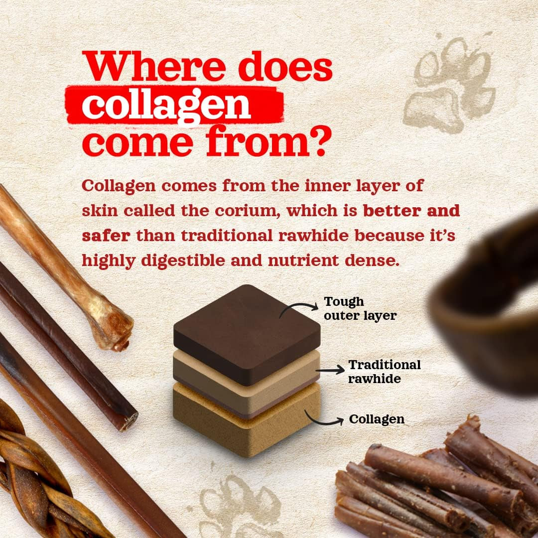 Collagen Dog Chews (12 Inch, 5 Pack), Odor-Free Long Lasting Bully Sticks & Rawhide Alternative Dog Treats, 95% Collagen Low Fat, High Protein β Medium & Large Dogs