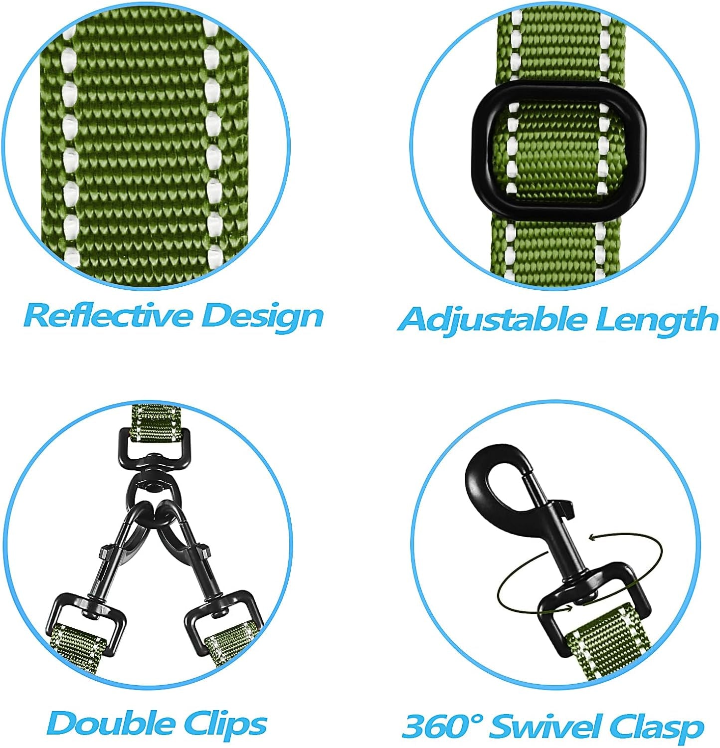 Double Dog Leash, No Tangle Dual Leash, Reflective Walking Training Lead, 4 Comfortable Padded Handles for 2 Dogs with Collapsible Bowl and Waste Bags (Khaki Green, Large)