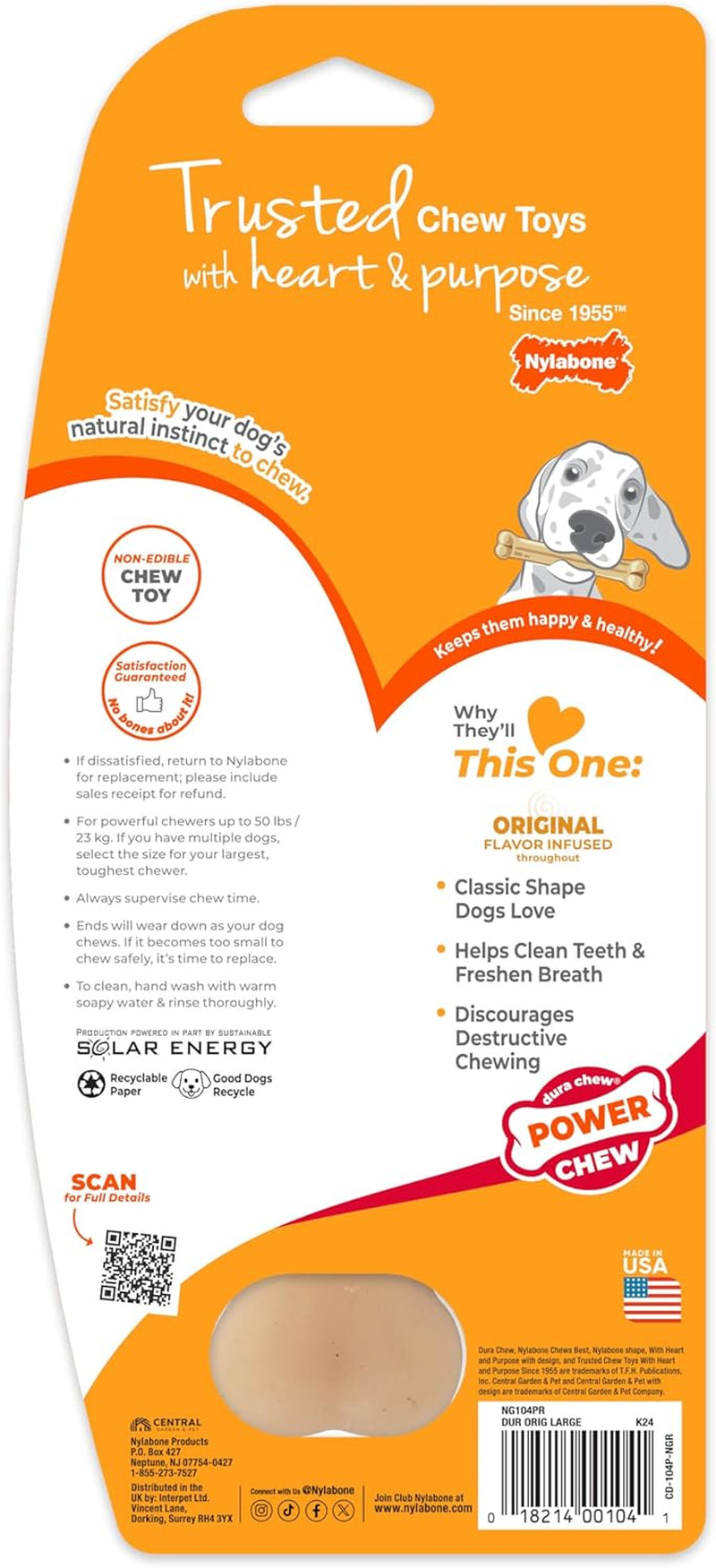 Original Bone Power Chew Toy for Dogs, Durable & Tough Dog Toys for Aggressive Chewers, Original Flavor, Large - up to 50 Ibs, 1 Count