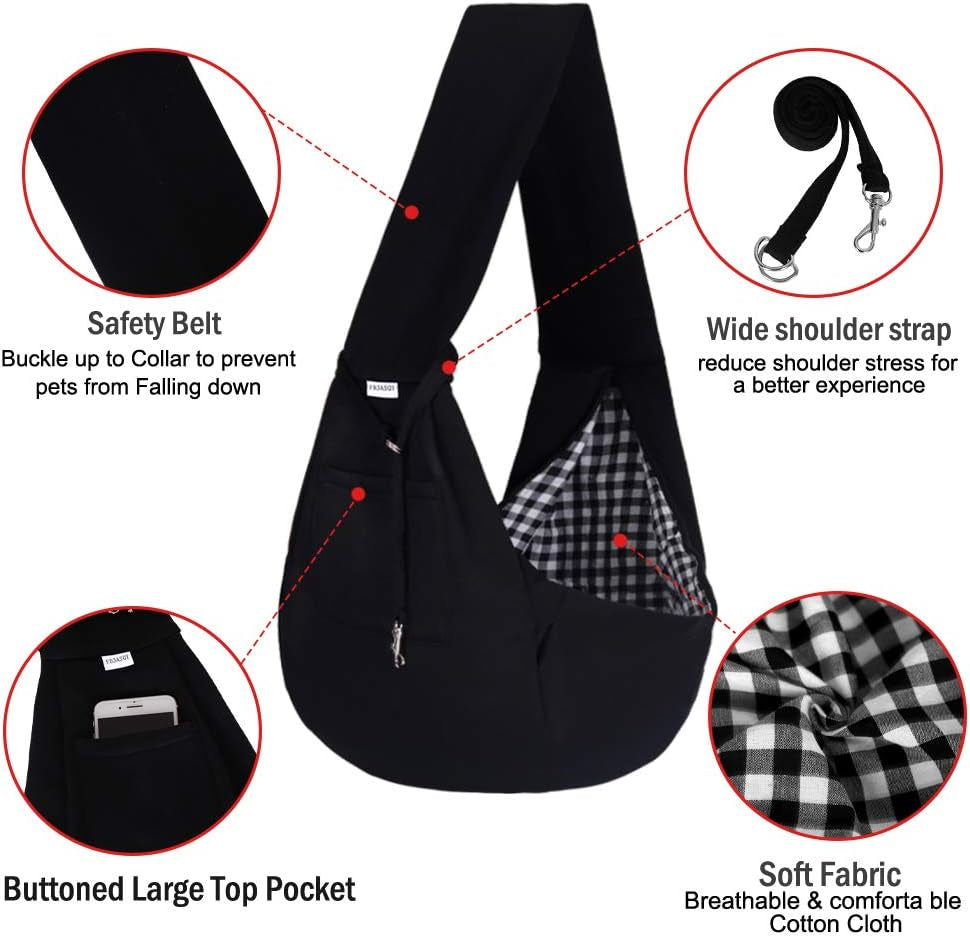 Small Pet Sling Carrier-Hands Free Reversible Pet Papoose Bag Tote Bag with a Pocket Safety Belt Dog Cat for Outdoor Travel Black