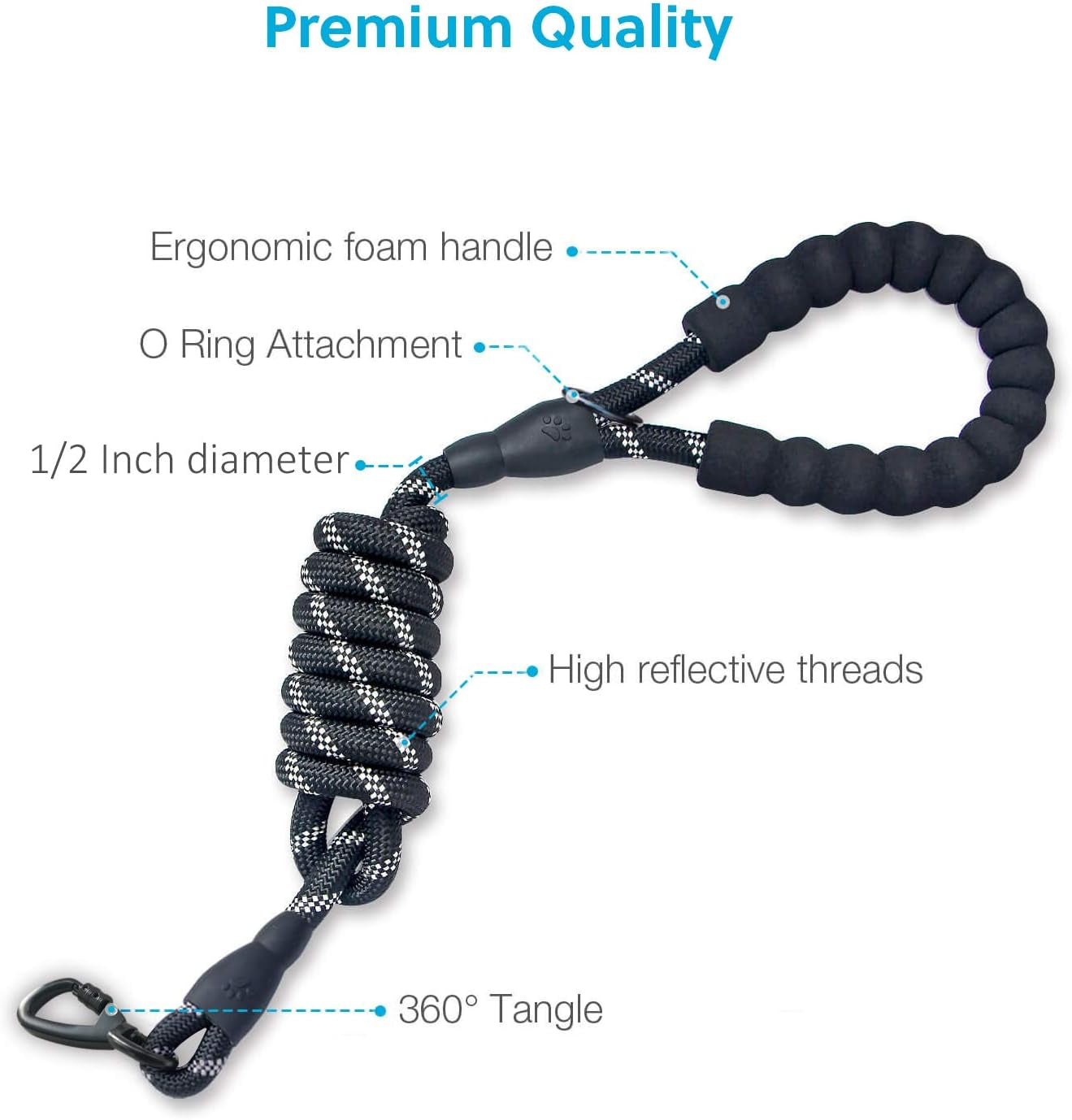 5 FT Strong Dog Leash with Comfortable Foam Handle and Highly Reflective Threads with Metal Clasp and Rubber Enhanced Joint Dog Leashes for Medium and Large Dogs Black