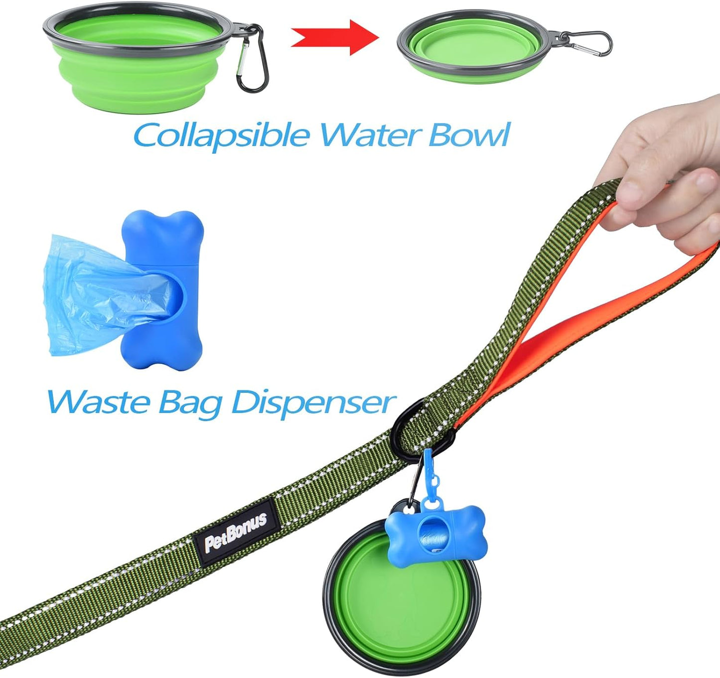 Double Dog Leash, No Tangle Dual Leash, Reflective Walking Training Lead, 4 Comfortable Padded Handles for 2 Dogs with Collapsible Bowl and Waste Bags (Khaki Green, Large)