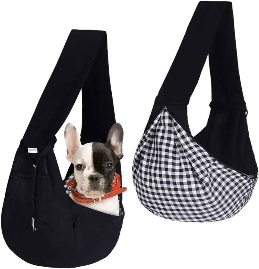 Small Pet Sling Carrier-Hands Free Reversible Pet Papoose Bag Tote Bag with a Pocket Safety Belt Dog Cat for Outdoor Travel Black