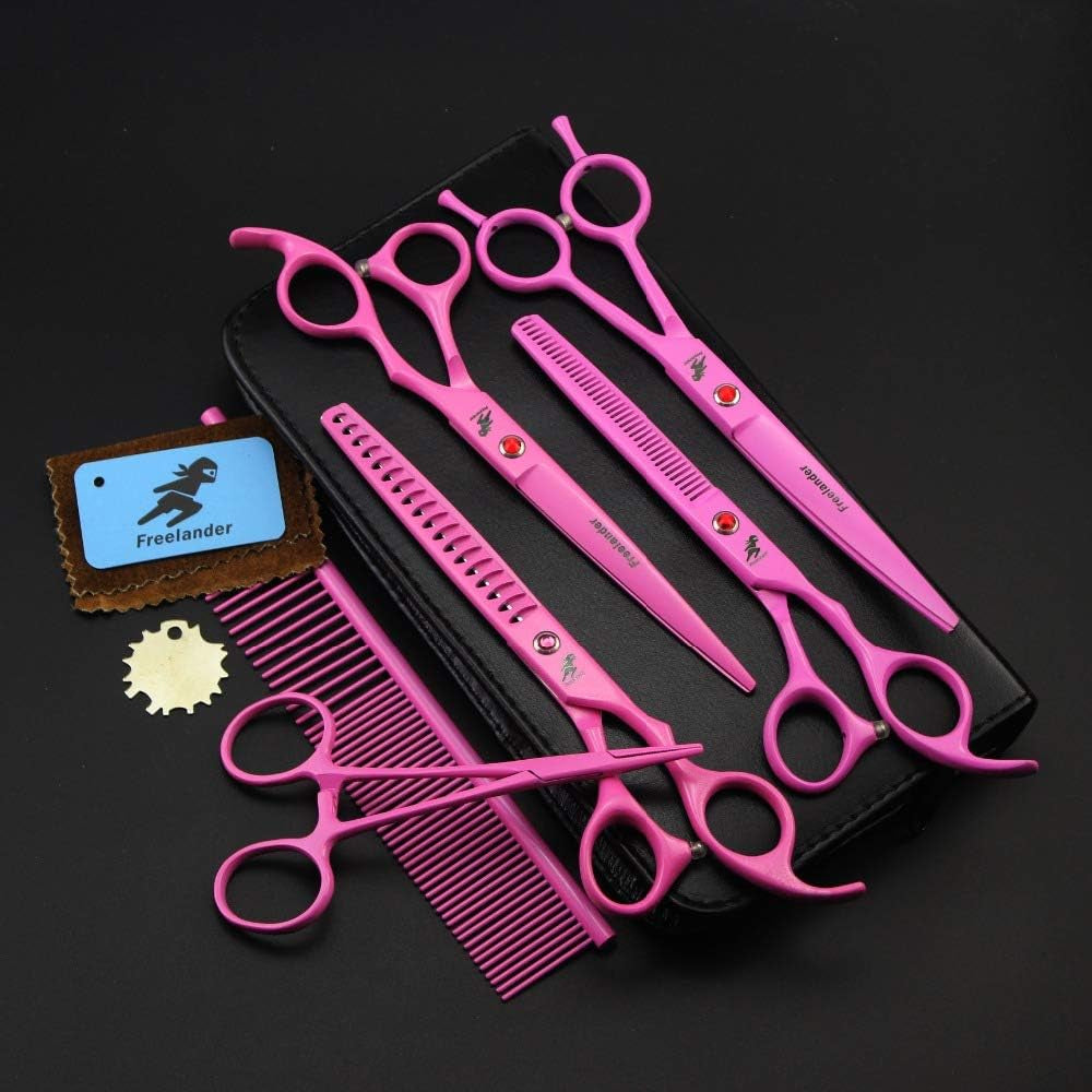 7 "Professional Pet Grooming Kit, Direct and Thinning Scissors and Curved Pieces 4 Pieces Kit for Pet Grooming Services (Pink)