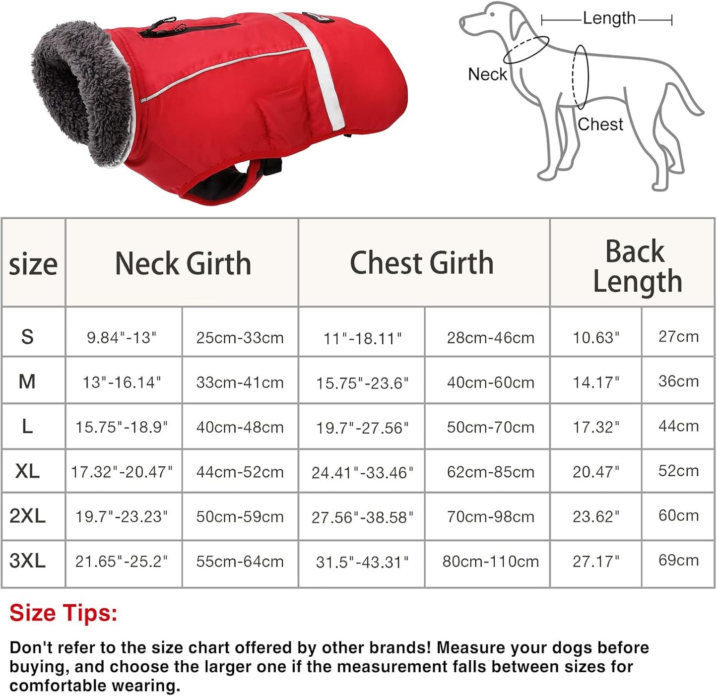 Warm Dog Clothes for Small Dogs, Adjustable Cold Weather Dog Coats, Safety Dog Jackets with Reflective Strips and Two-Way Zipper Red S