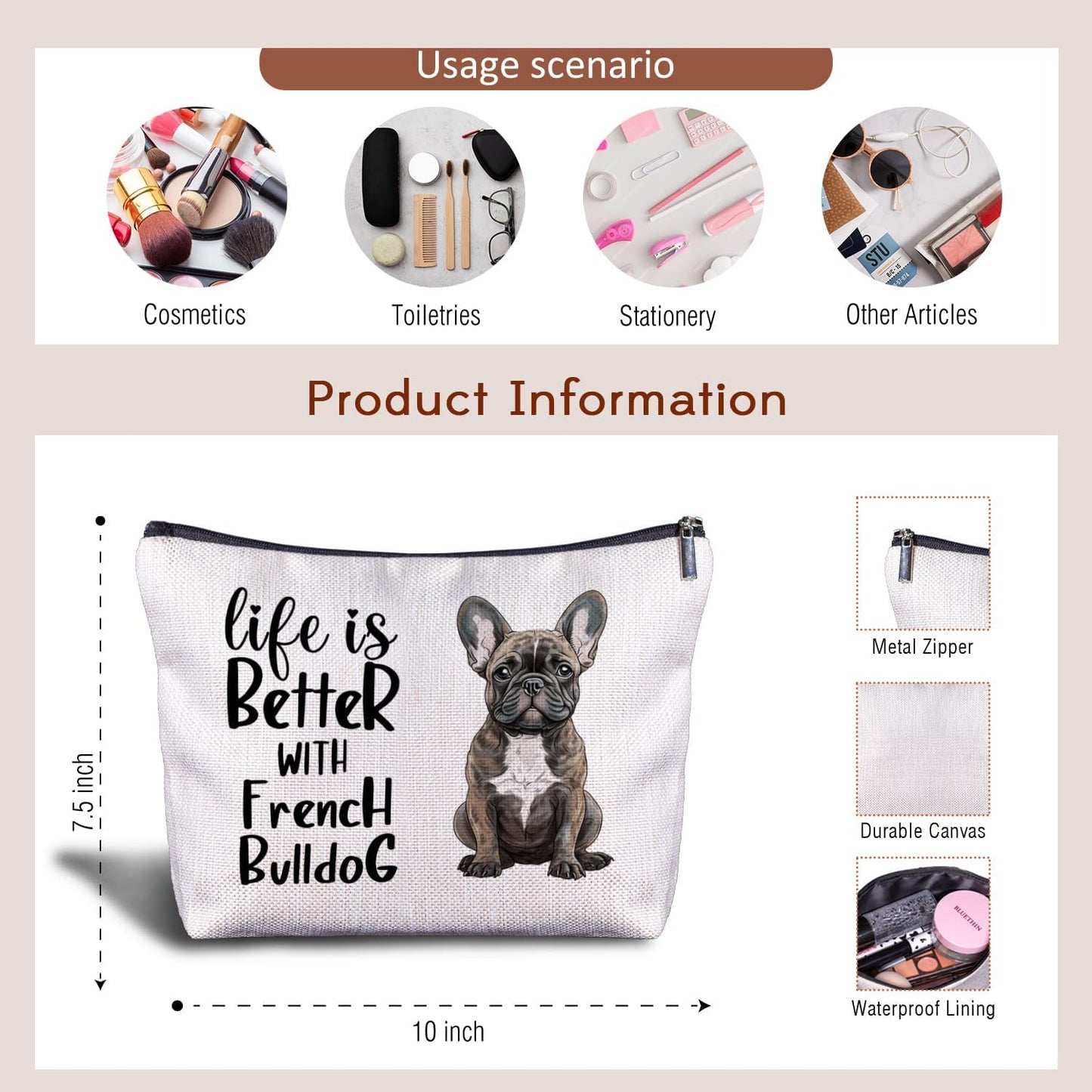 French Bulldog Makeup Bag - Cosmetic Bags, Zippered Bag for Women, Frenchie Gifts