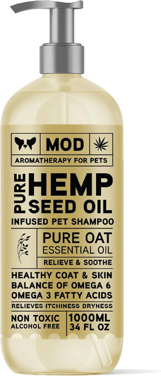 Hemp & Oatmeal Pet Shampoo for Dogs | All Natural Pure Essential Oils | Balance of Omega 6 & Omega 3 Fatty Acids | for Deodorizing, Allergies, Itching, Dry and Sensitive Skin - 34 OZ Pump Bottle