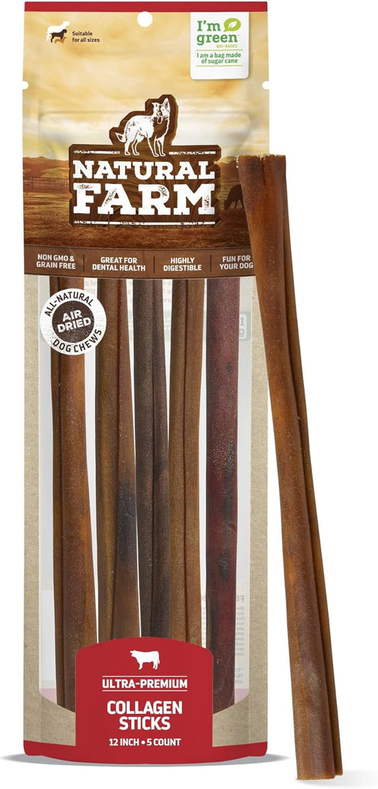 Collagen Dog Chews (12 Inch, 5 Pack), Odor-Free Long Lasting Bully Sticks & Rawhide Alternative Dog Treats, 95% Collagen Low Fat, High Protein – Medium & Large Dogs