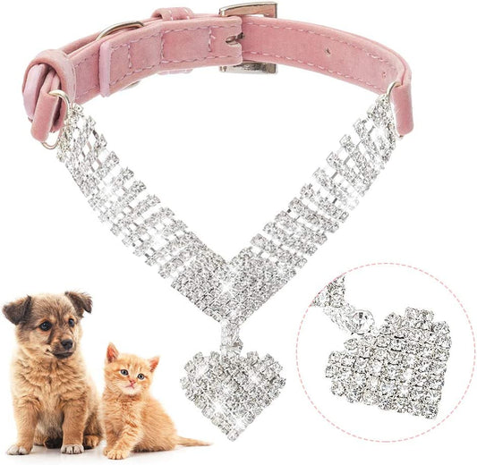 Cute Dog Necklace - Rhinestone Dog Collar, Soft Velvet Collar for Girl Boy Cats Dogs, Sparkling Pet Neck Decoration, Adjustable Pet Collar for Puppies Cats Small Medium Dogs, Pink XS
