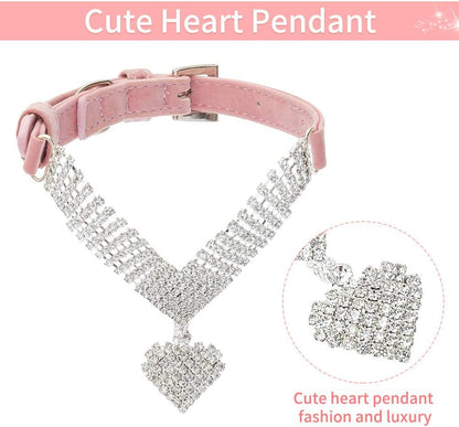 Cute Dog Necklace - Rhinestone Dog Collar, Soft Velvet Collar for Girl Boy Cats Dogs, Sparkling Pet Neck Decoration, Adjustable Pet Collar for Puppies Cats Small Medium Dogs, Pink XS