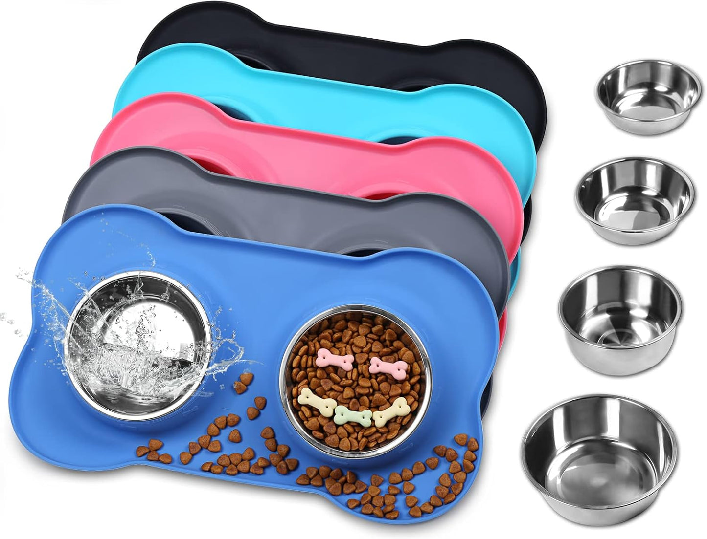 Dog Bowls, Dog Food Bowls, Stainless Steel Cat Puppy Water Bowls with Non Spill Skid Resistant Silicone Mat, Small, Blue