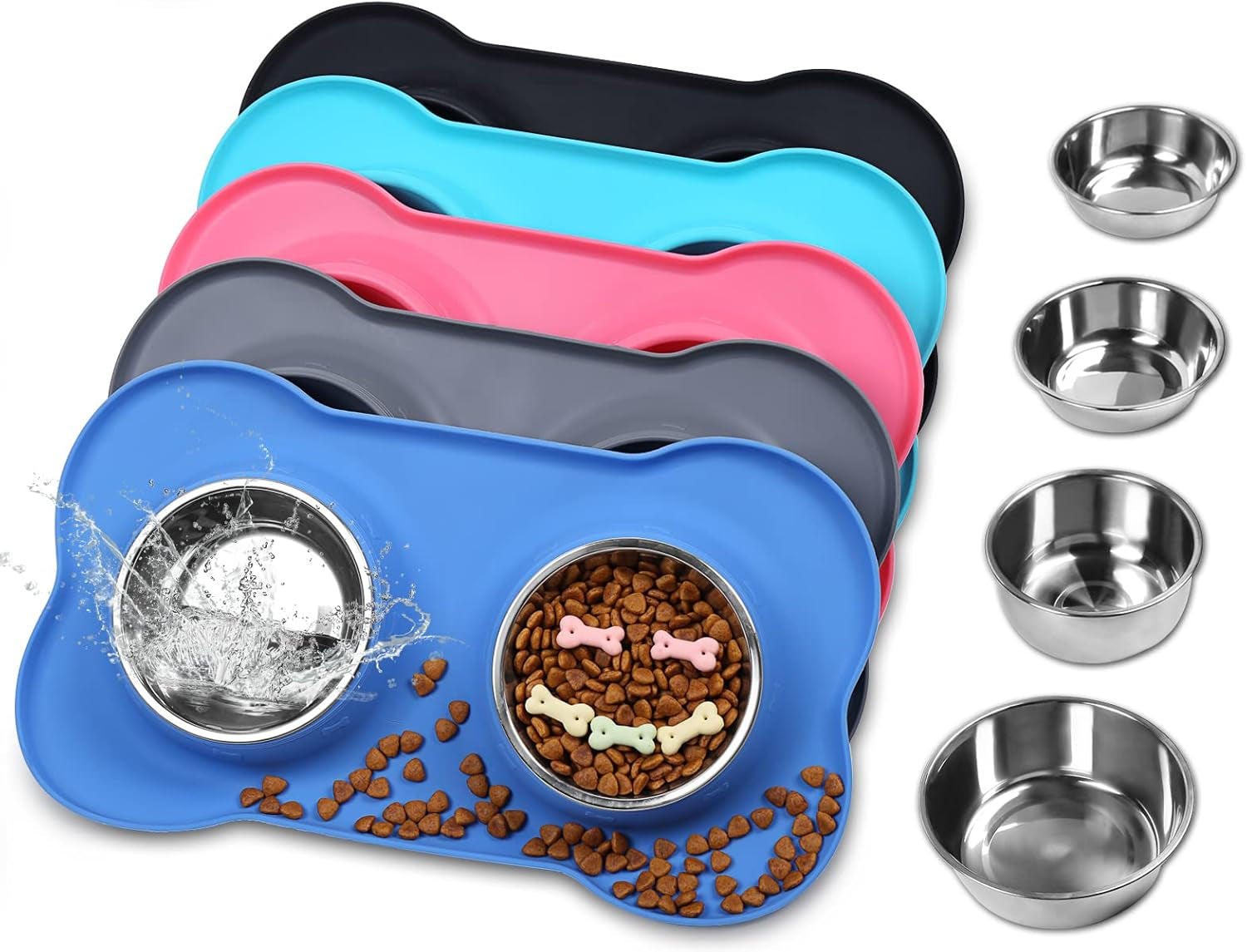 Dog Bowls, Dog Food Bowls, Stainless Steel Cat Puppy Water Bowls with Non Spill Skid Resistant Silicone Mat, Small, Blue