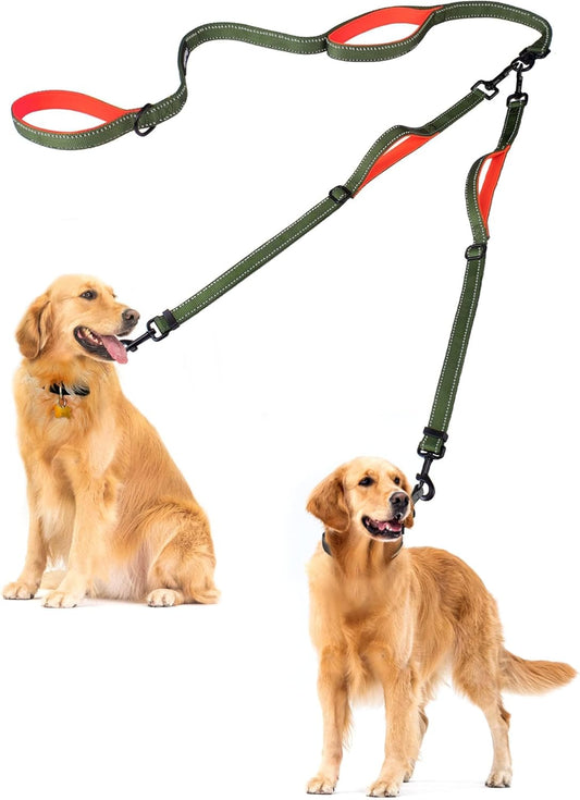 Double Dog Leash, No Tangle Dual Leash, Reflective Walking Training Lead, 4 Comfortable Padded Handles for 2 Dogs with Collapsible Bowl and Waste Bags (Khaki Green, Large)