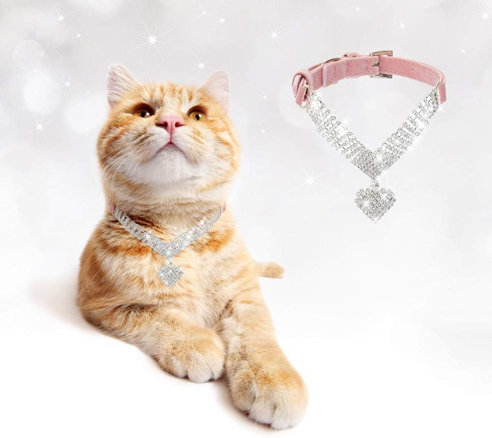 Cute Dog Necklace - Rhinestone Dog Collar, Soft Velvet Collar for Girl Boy Cats Dogs, Sparkling Pet Neck Decoration, Adjustable Pet Collar for Puppies Cats Small Medium Dogs, Pink XS