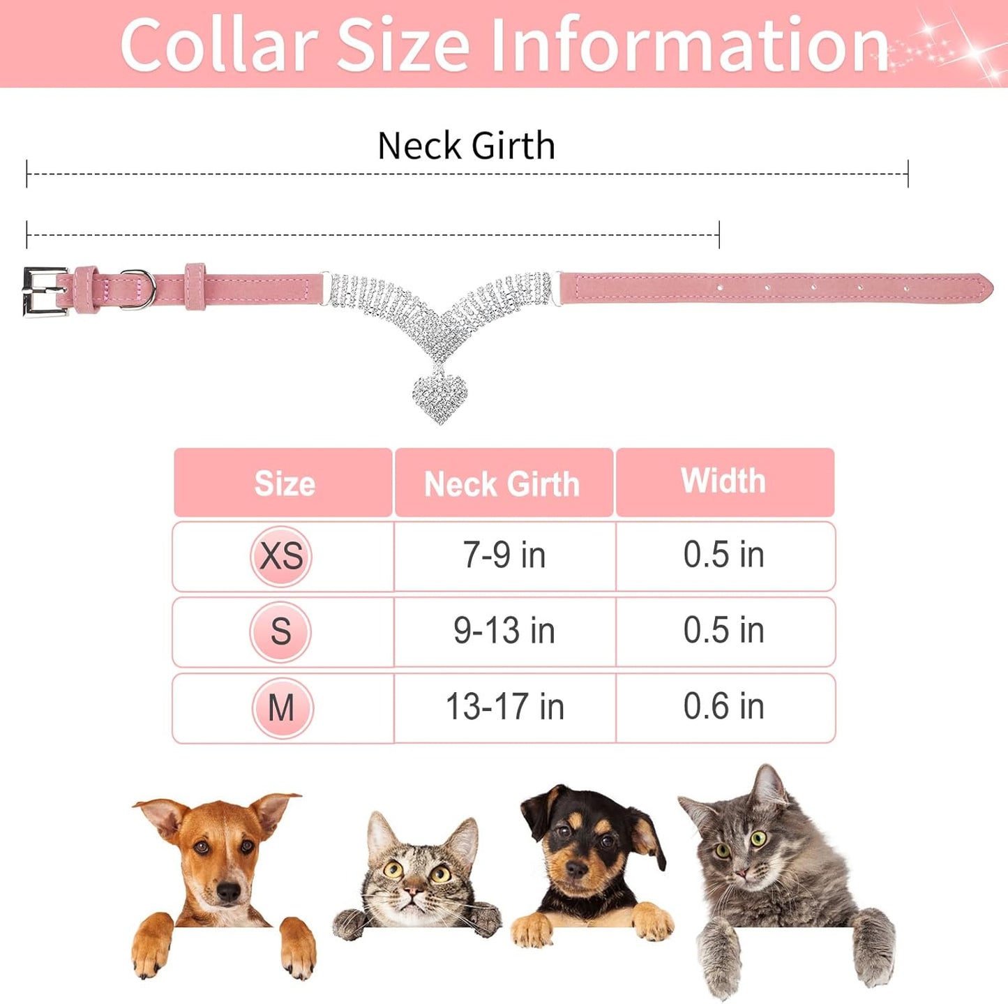 Cute Dog Necklace - Rhinestone Dog Collar, Soft Velvet Collar for Girl Boy Cats Dogs, Sparkling Pet Neck Decoration, Adjustable Pet Collar for Puppies Cats Small Medium Dogs, Pink XS
