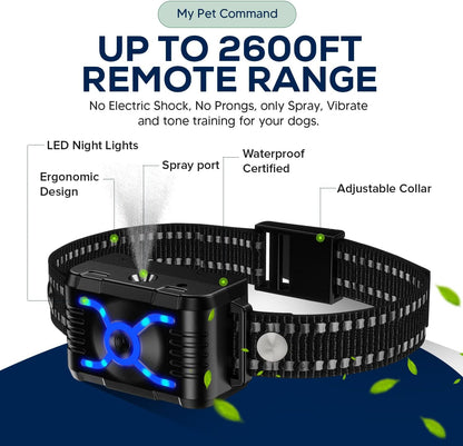 2600 FT Range (0.5 Mile) 4-1 Citronella Dog Training Collar with Remote, Spray,Vibrate,Tone and Night Light Functions Safe, Humane, No Shock Waterproof Rechargeable Add up to 3 Collars