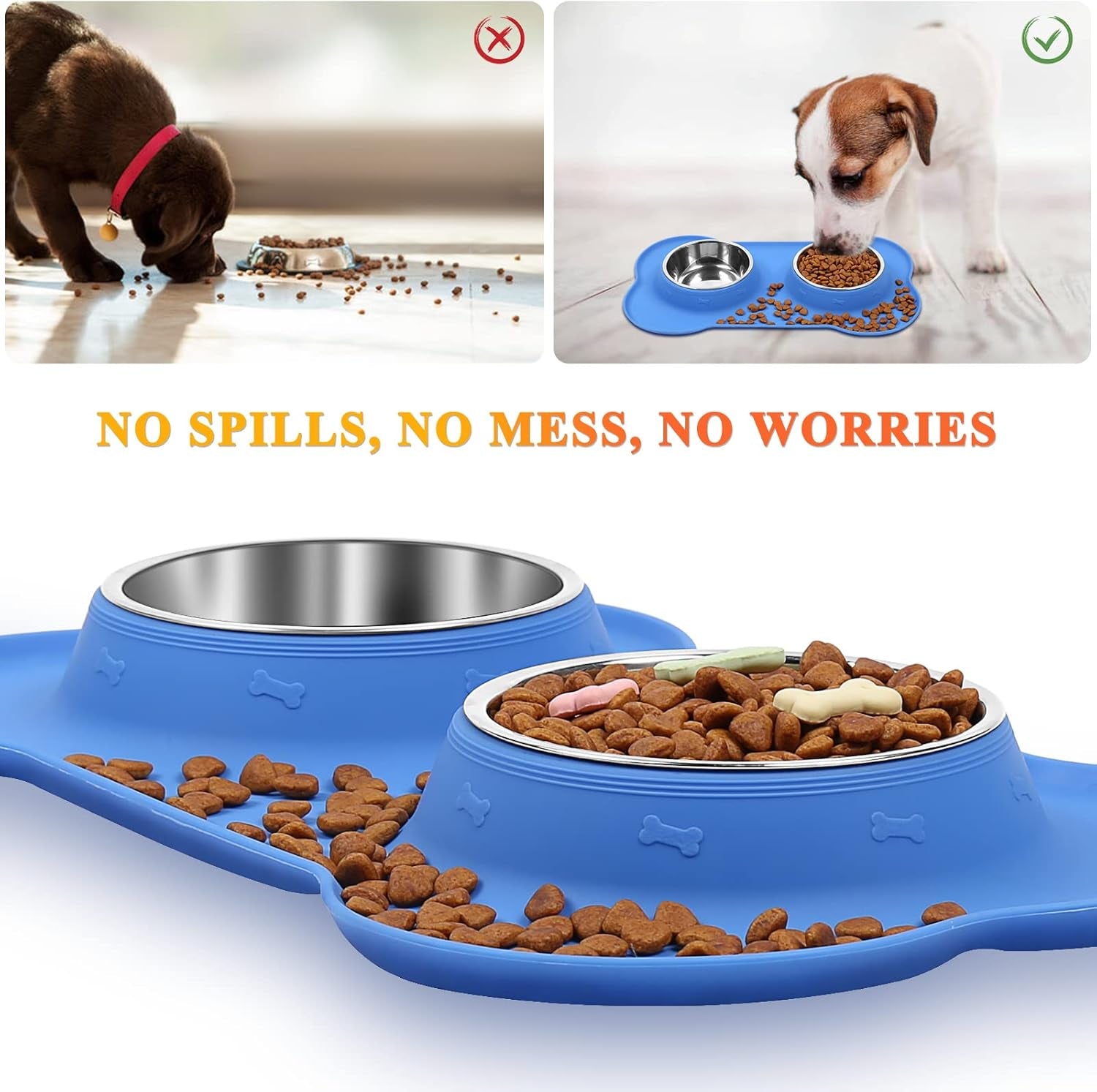 Dog Bowls, Dog Food Bowls, Stainless Steel Cat Puppy Water Bowls with Non Spill Skid Resistant Silicone Mat, Small, Blue