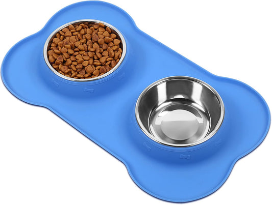 Dog Bowls, Dog Food Bowls, Stainless Steel Cat Puppy Water Bowls with Non Spill Skid Resistant Silicone Mat, Small, Blue