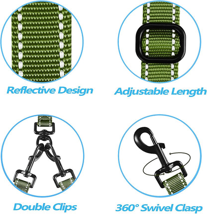 Double Dog Leash, No Tangle Dual Leash, Reflective Walking Training Lead, 4 Comfortable Padded Handles for 2 Dogs with Collapsible Bowl and Waste Bags (Khaki Green, Large)