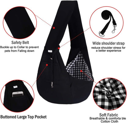 Small Pet Sling Carrier-Hands Free Reversible Pet Papoose Bag Tote Bag with a Pocket Safety Belt Dog Cat for Outdoor Travel Black
