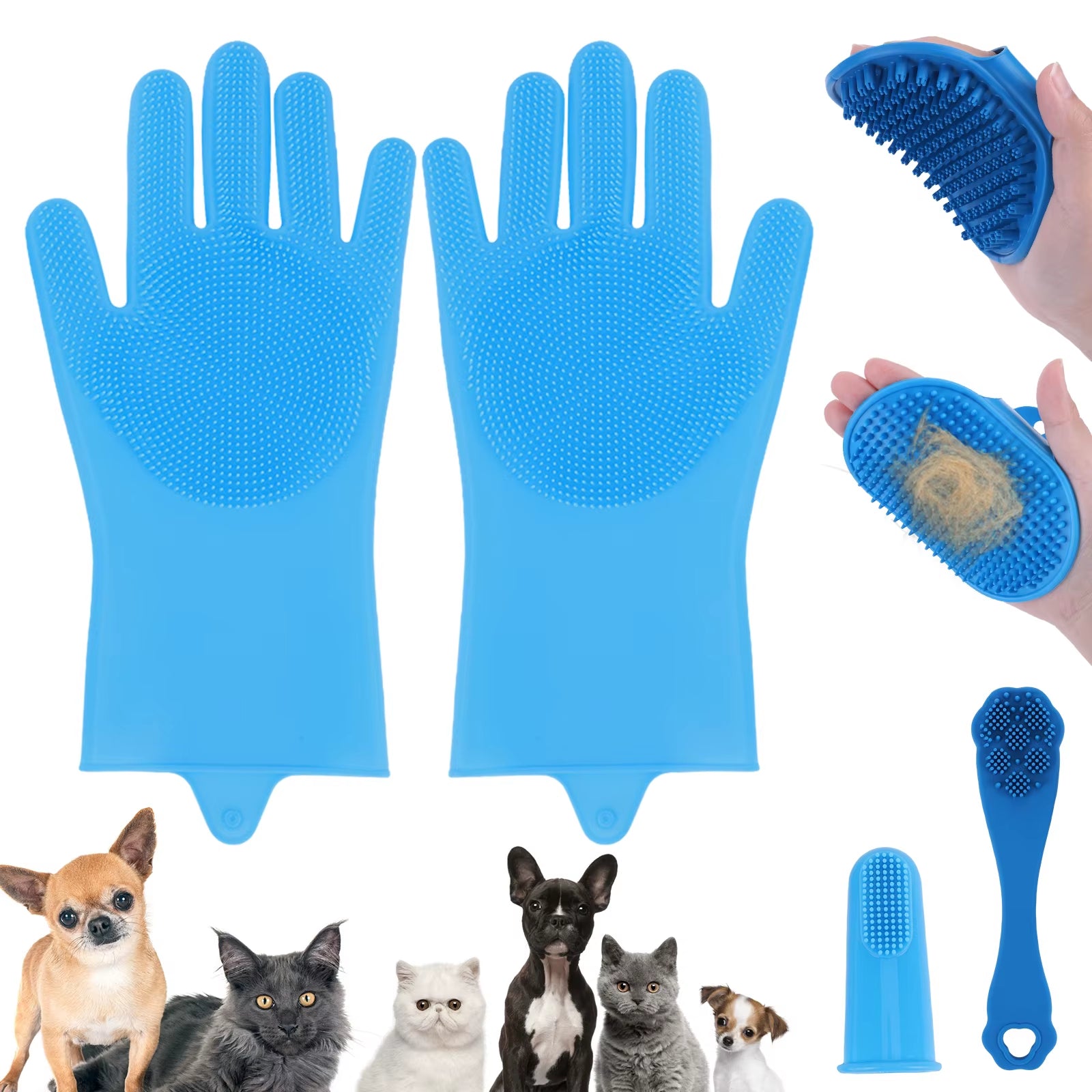 6PCS Pet Grooming Kit Silicone Dog Bath Brush Dog Toothbrush Finger Dog Bath Gloves Dog Shampoo Brush Cat Dog Bathing Supplies