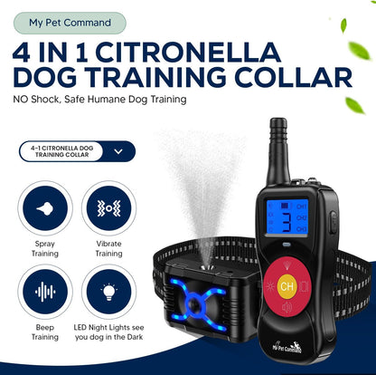 2600 FT Range (0.5 Mile) 4-1 Citronella Dog Training Collar with Remote, Spray,Vibrate,Tone and Night Light Functions Safe, Humane, No Shock Waterproof Rechargeable Add up to 3 Collars
