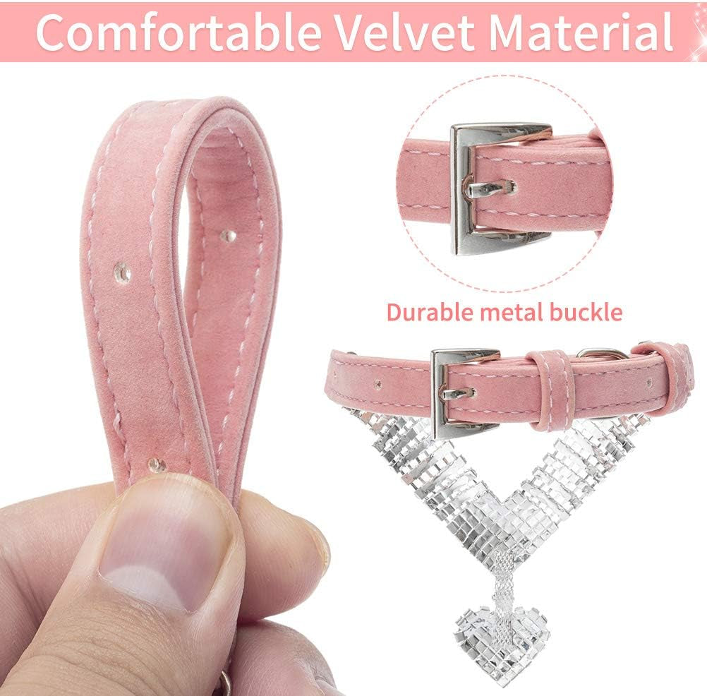 Cute Dog Necklace - Rhinestone Dog Collar, Soft Velvet Collar for Girl Boy Cats Dogs, Sparkling Pet Neck Decoration, Adjustable Pet Collar for Puppies Cats Small Medium Dogs, Pink XS