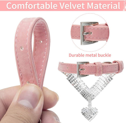Cute Dog Necklace - Rhinestone Dog Collar, Soft Velvet Collar for Girl Boy Cats Dogs, Sparkling Pet Neck Decoration, Adjustable Pet Collar for Puppies Cats Small Medium Dogs, Pink XS