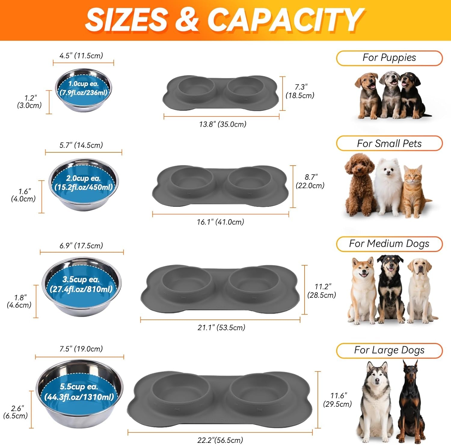 Dog Bowls, Dog Food Bowls, Stainless Steel Cat Puppy Water Bowls with Non Spill Skid Resistant Silicone Mat, Small, Blue