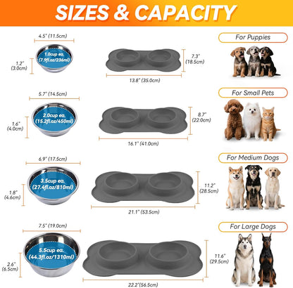 Dog Bowls, Dog Food Bowls, Stainless Steel Cat Puppy Water Bowls with Non Spill Skid Resistant Silicone Mat, Small, Blue