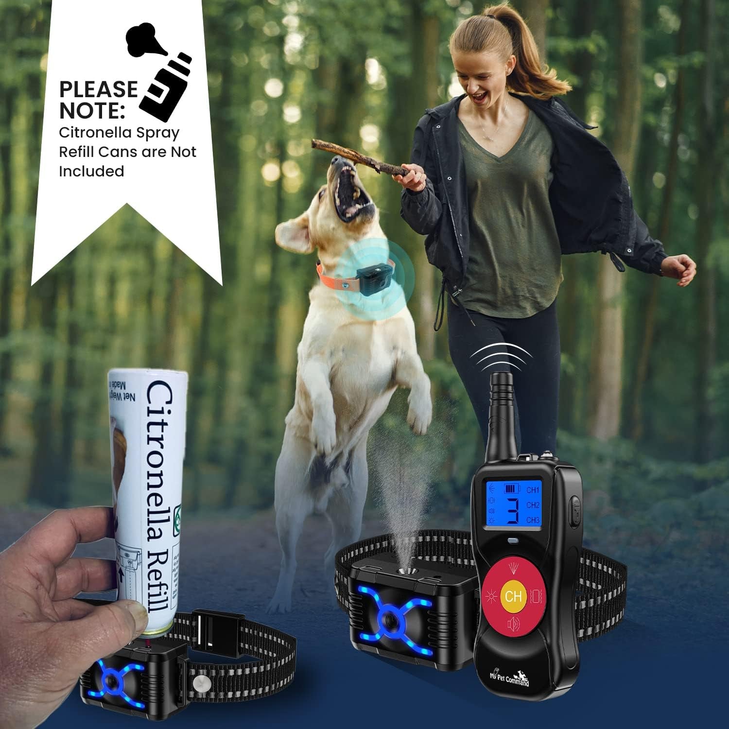 2600 FT Range (0.5 Mile) 4-1 Citronella Dog Training Collar with Remote, Spray,Vibrate,Tone and Night Light Functions Safe, Humane, No Shock Waterproof Rechargeable Add up to 3 Collars