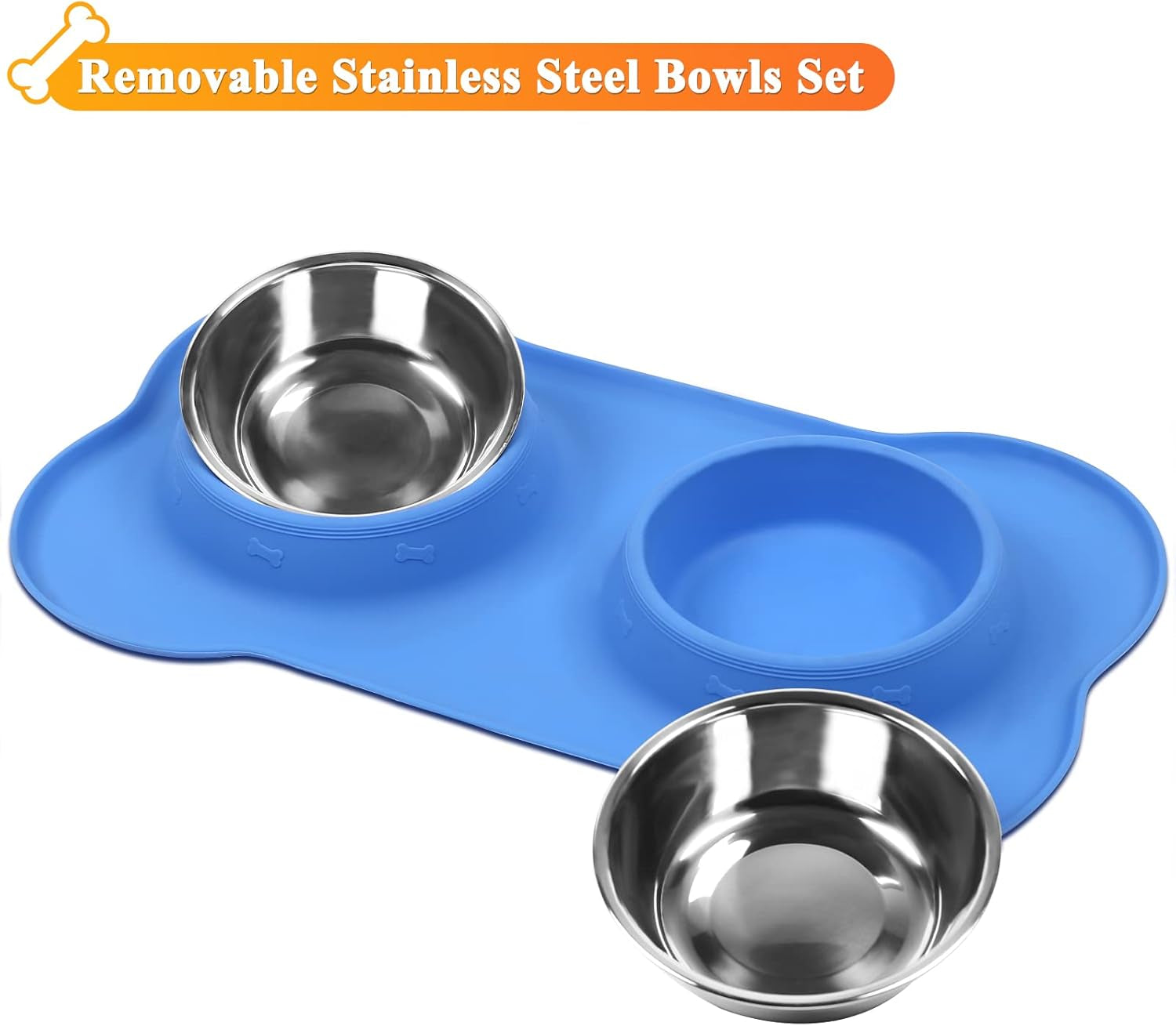 Dog Bowls, Dog Food Bowls, Stainless Steel Cat Puppy Water Bowls with Non Spill Skid Resistant Silicone Mat, Small, Blue