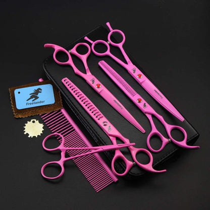 7 "Professional Pet Grooming Kit, Direct and Thinning Scissors and Curved Pieces 4 Pieces Kit for Pet Grooming Services (Pink)